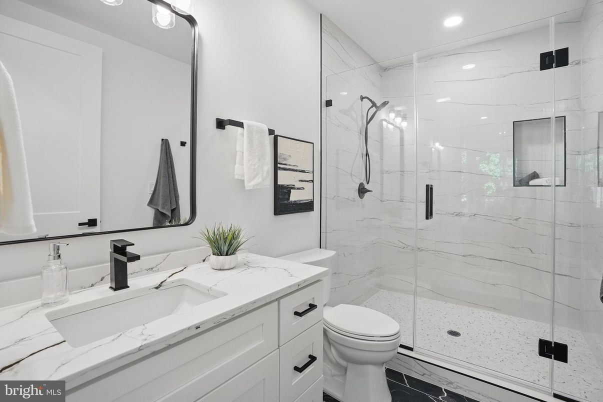 Bathroom, Glass Shower, Interior, Marble Walls, Recessed Lighting