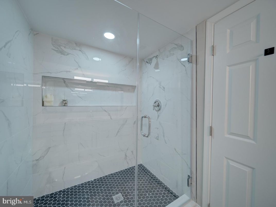 Bathroom, Glass Shower, Interior, Marble Walls, Recessed Lighting