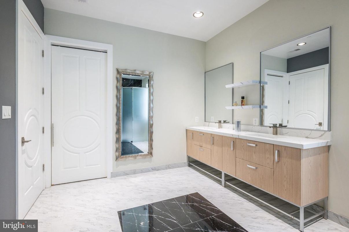 Bathroom, Dual Sink Vanities, Interior, Marble, Recessed Lighting