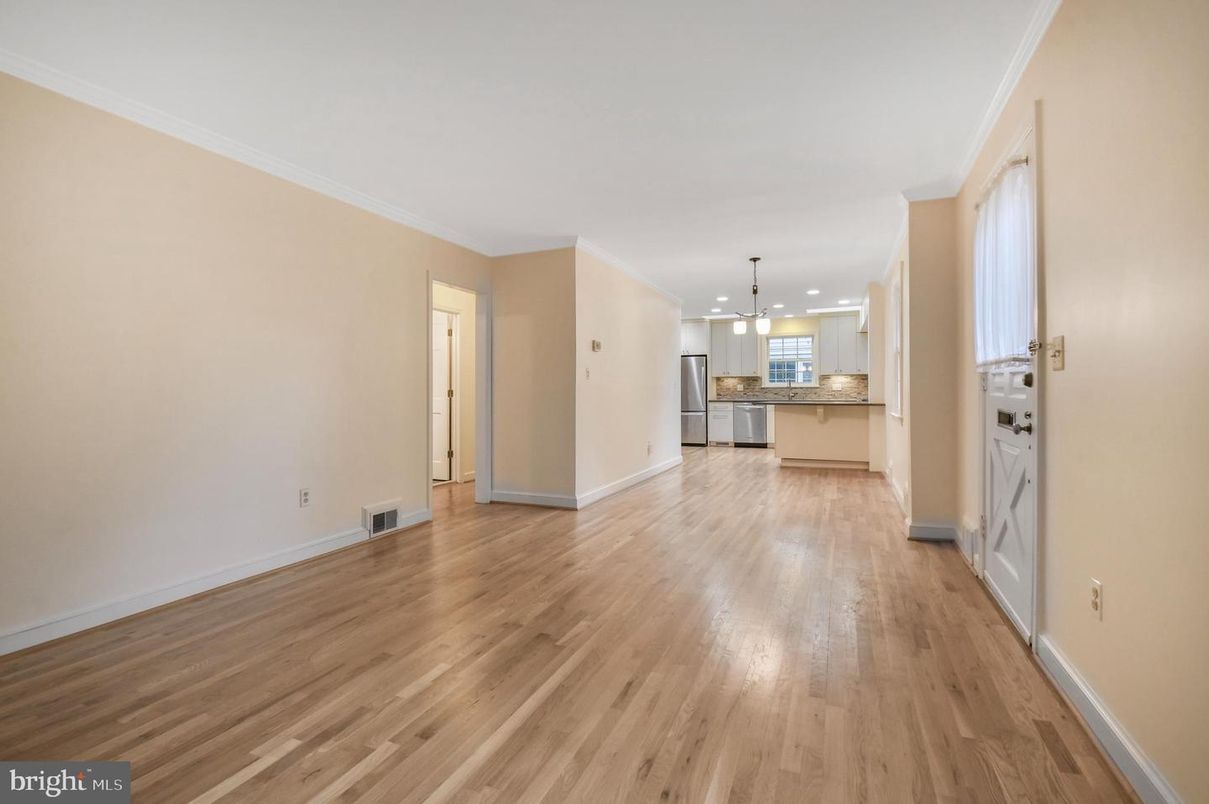Empty room, Interior, Kitchen, Pendant Lights, Recessed Lighting, Wood Texture Flooring