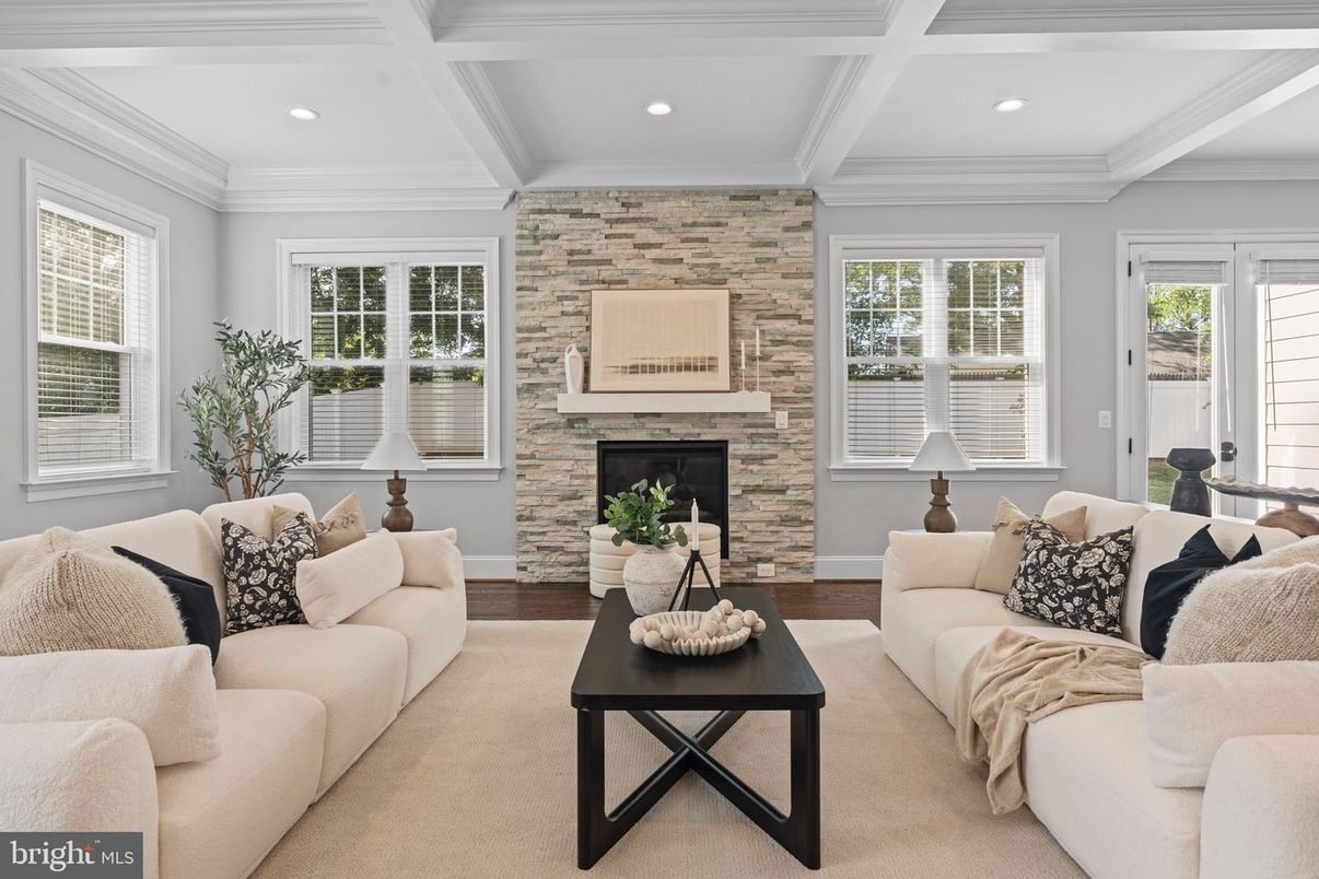 Fireplace, Interior, Living room, Recessed Lighting, Stone Walls, Wood Texture Flooring