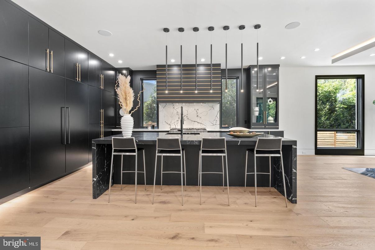 Interior, Kitchen, Marble Walls, Pendant Lights, Recessed Lighting, Wood Texture Flooring