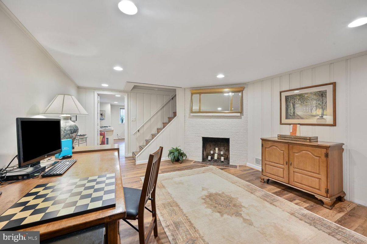 Fireplace, Home Office, Interior, Recessed Lighting, Wood Texture Flooring