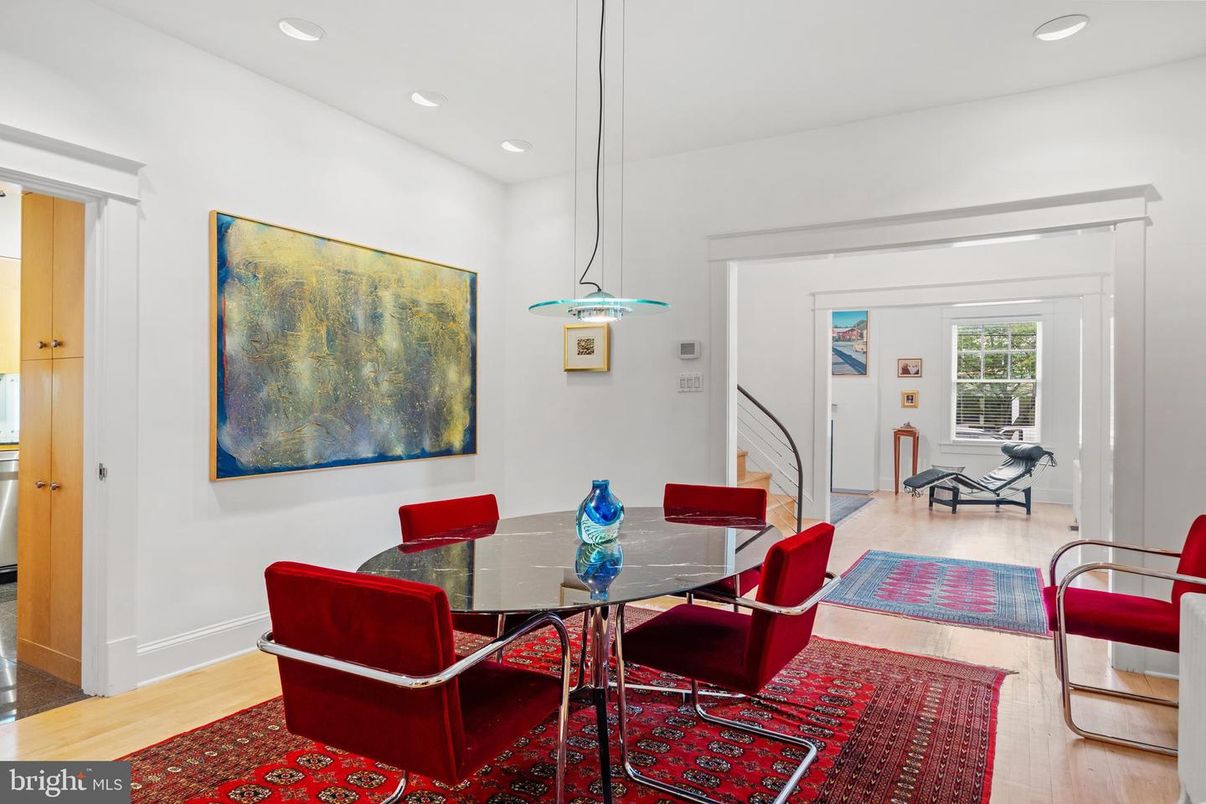 Dining room, Interior, Pendant Lights, Recessed Lighting, Wood Texture Flooring