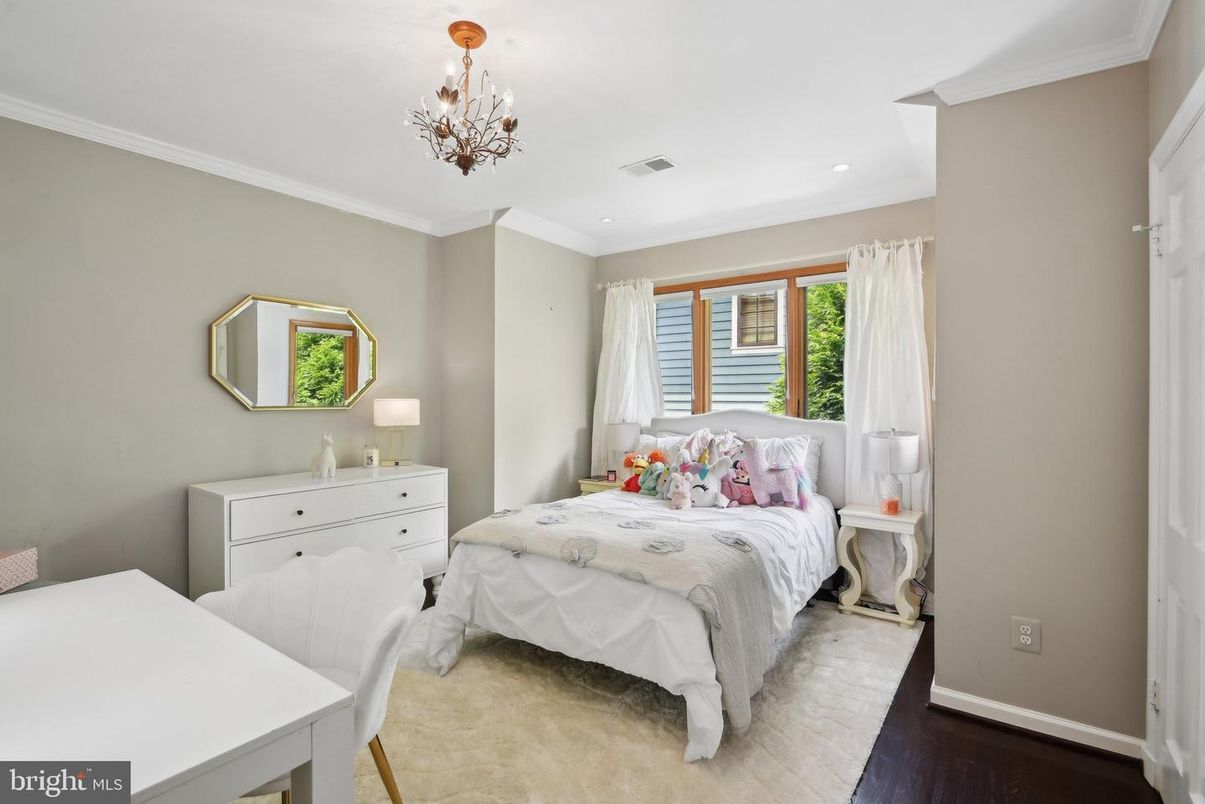 Bedroom, Chandelier, Interior, Recessed Lighting, Wood Texture Flooring