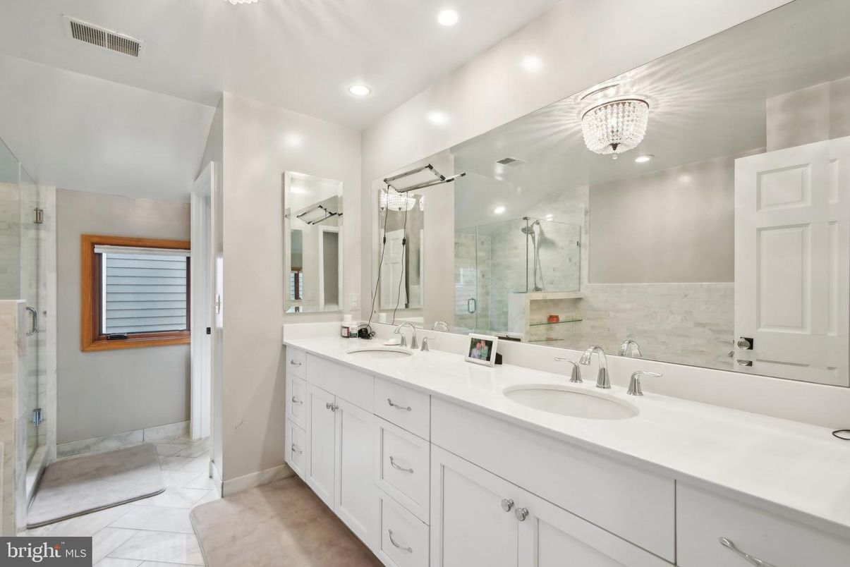 Bathroom, Dual Sink Vanities, Glass Shower, Interior, Marble, Recessed Lighting