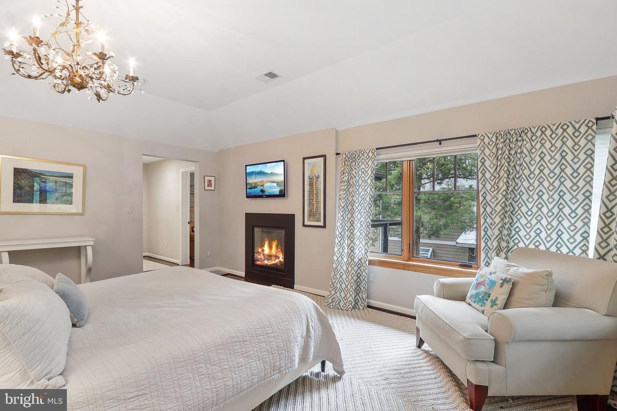 Bedroom, Chandelier, Fireplace, Interior