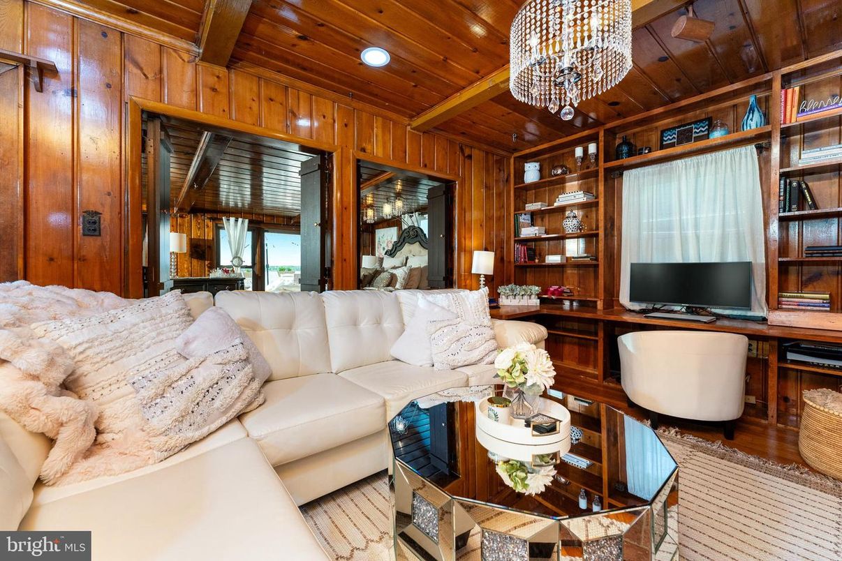 Chandelier, Home Office, Interior, Living room, Recessed Lighting, Wooden Beams, Wooden Ceilings, Wood Texture Flooring, Wooden Walls