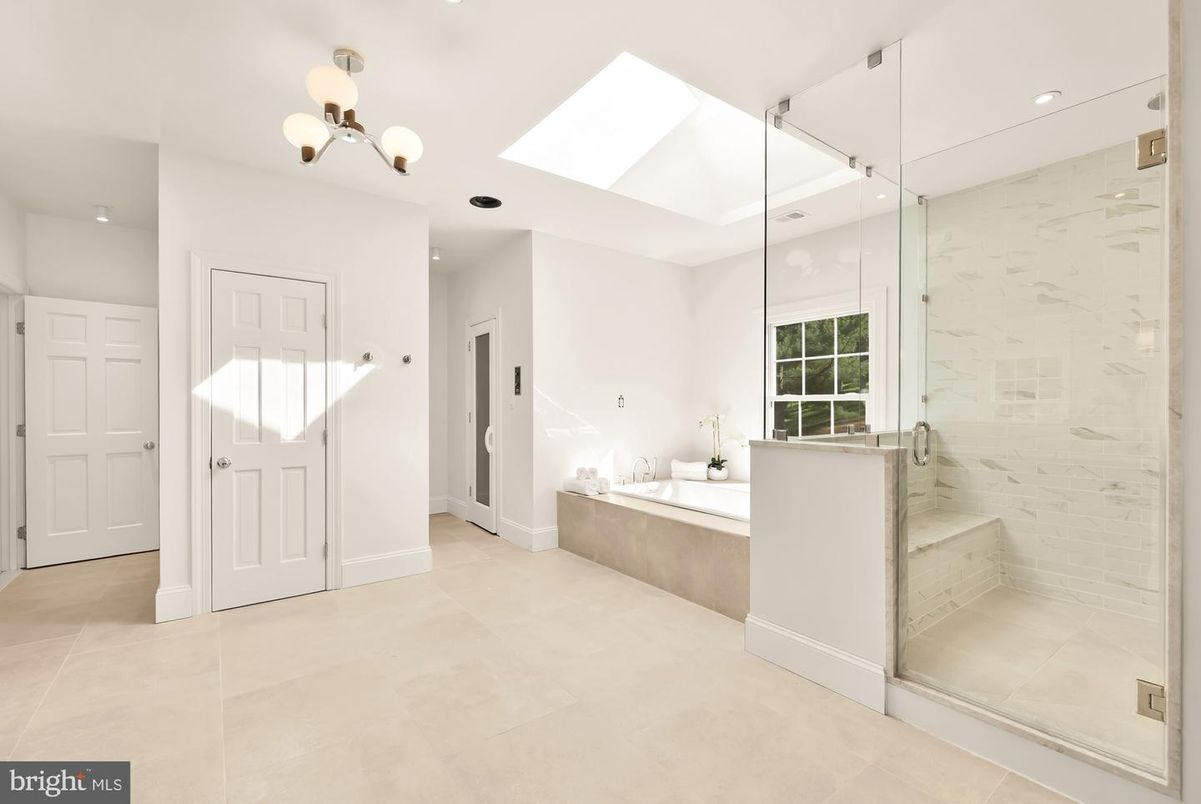 Bathroom, Glass Shower, Interior, Marble Walls, Recessed Lighting