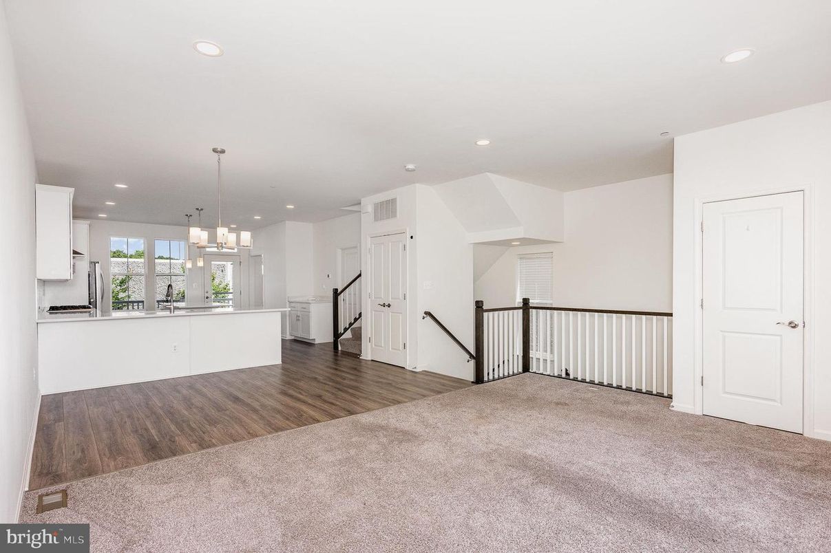 Empty room, Interior, Kitchen, Pendant Lights, Recessed Lighting, Wood Texture Flooring