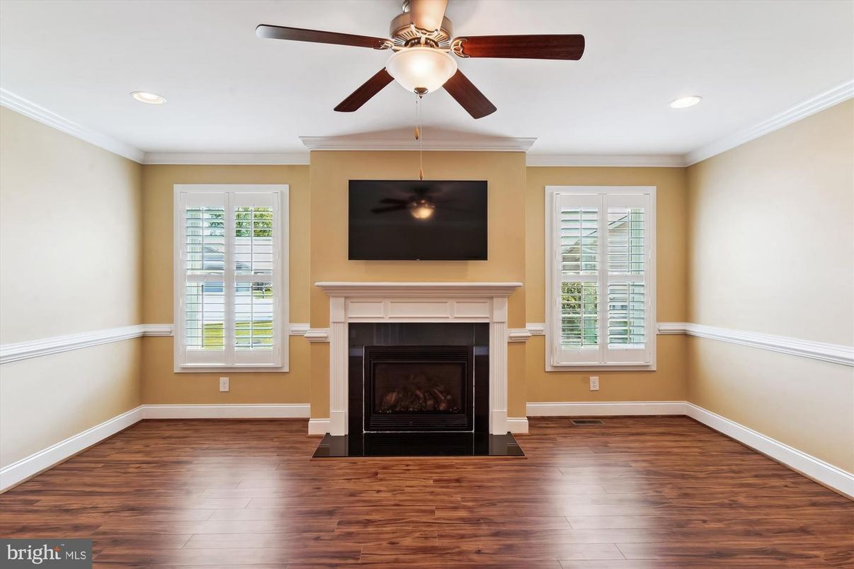Empty room, Fireplace, Interior, Recessed Lighting, Wood Texture Flooring