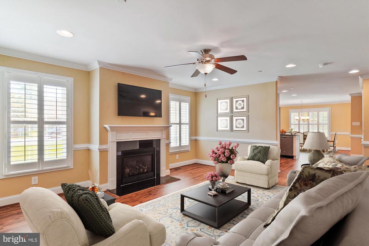 Dining room, Fireplace, Interior, Living room, Pendant Lights, Recessed Lighting, Wood Texture Flooring