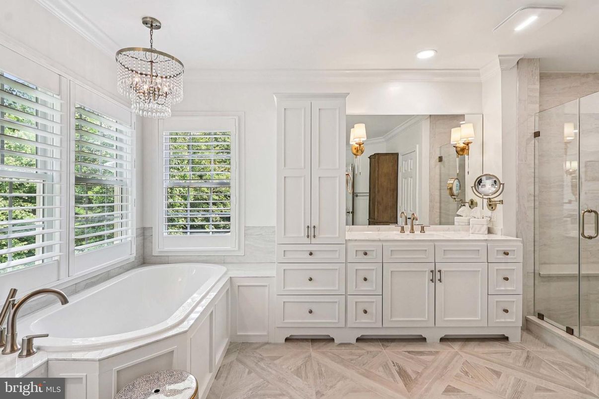 Bathroom, Chandelier, Dual Sink Vanities, Glass Shower, Interior, Recessed Lighting