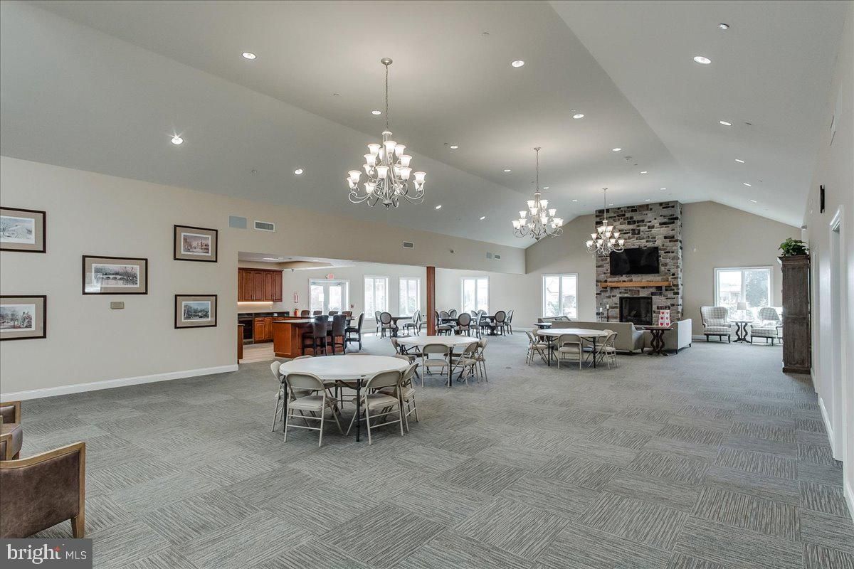 Chandelier, Dining room, Fireplace, Interior, Kitchen, Living room, Pendant Lights, Recessed Lighting, Stone Walls