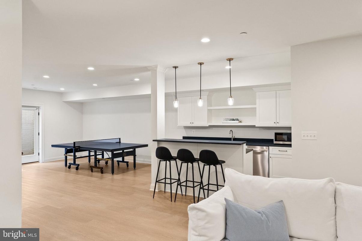 Game Room, Interior, Kitchen, Pendant Lights, Recessed Lighting, Wood Texture Flooring