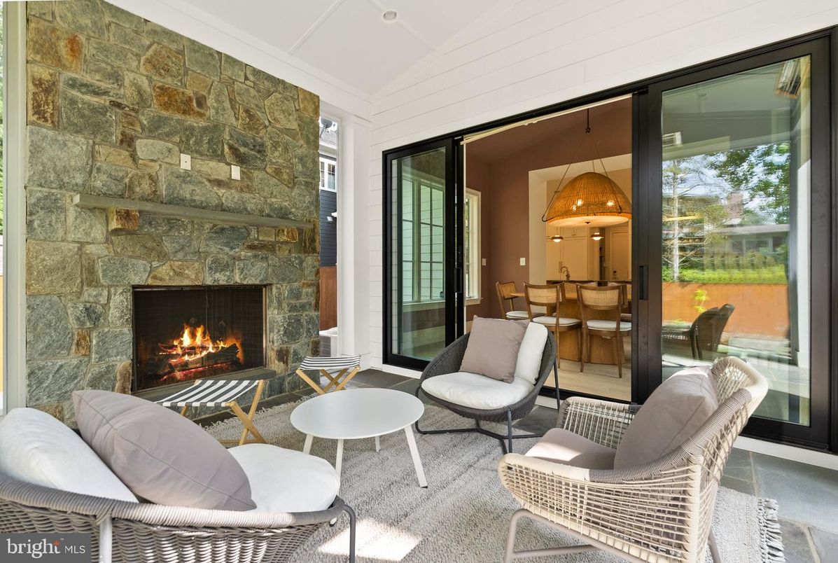 Dining room, Fireplace, Interior, Living room, Pendant Lights, Stone Walls
