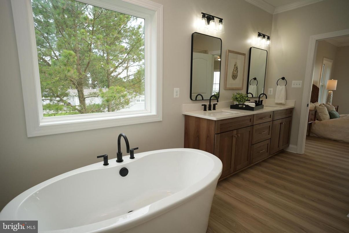 Bathroom, Dual Sink Vanities, Free Standing Baths, Interior, Wood Texture Flooring