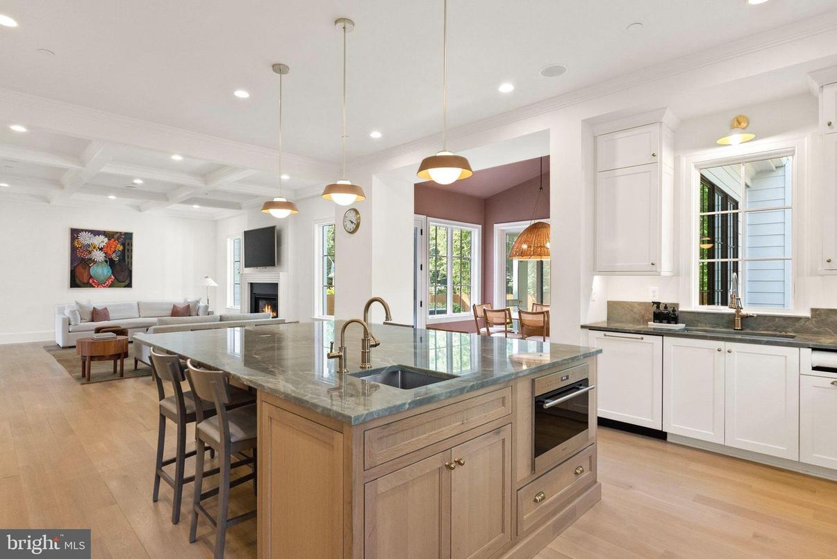 Fireplace, Interior, Kitchen, Living room, Pendant Lights, Recessed Lighting, Wood Texture Flooring