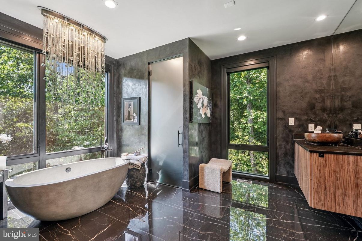 Bathroom, Chandelier, Free Standing Baths, Interior, Marble, Recessed Lighting