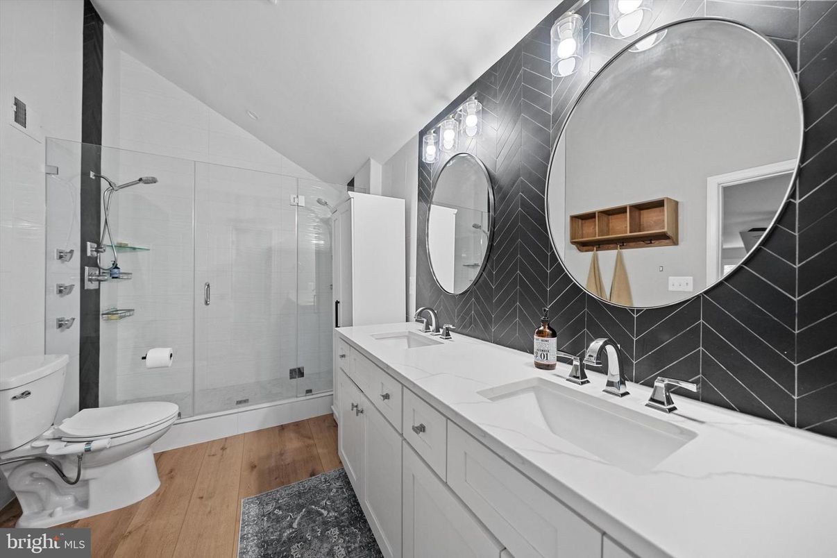 Bathroom, Dual Sink Vanities, Glass Shower, Interior, Wood Texture Flooring
