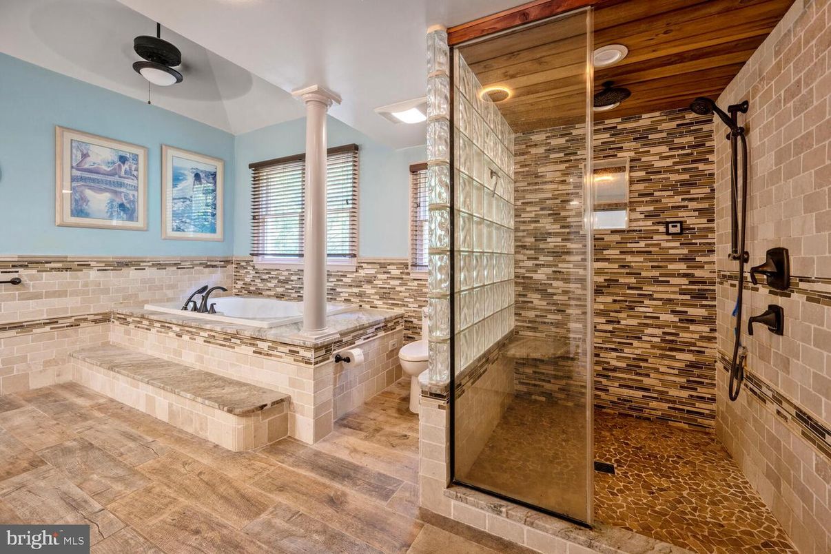 Bathroom, Glass Shower, Interior, Recessed Lighting, Wooden Ceilings, Wood Texture Flooring