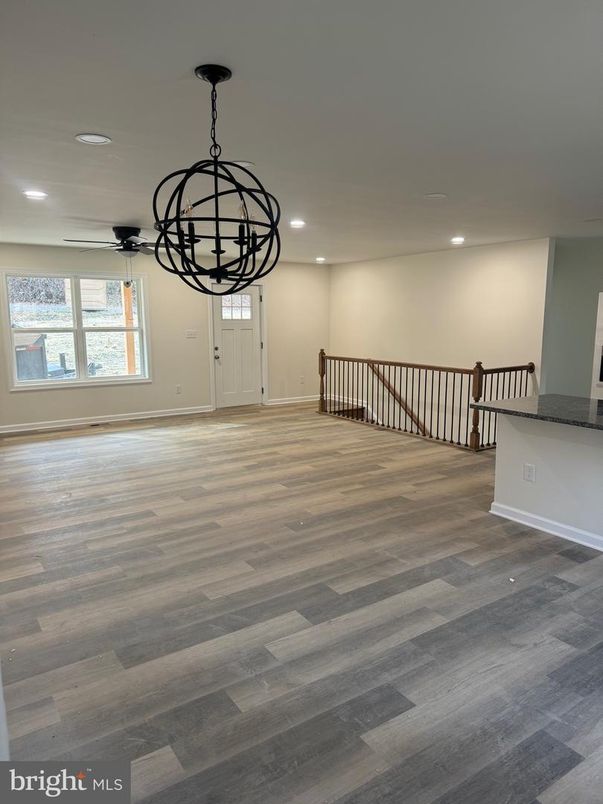 Chandelier, Empty room, Interior, Recessed Lighting, Wood Texture Flooring