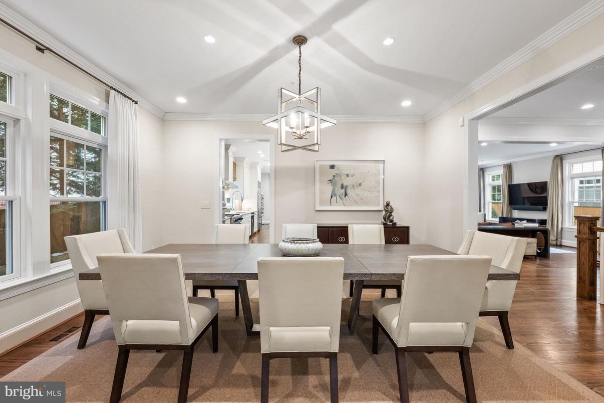 Dining room, Interior, Pendant Lights, Recessed Lighting, Wood Texture Flooring