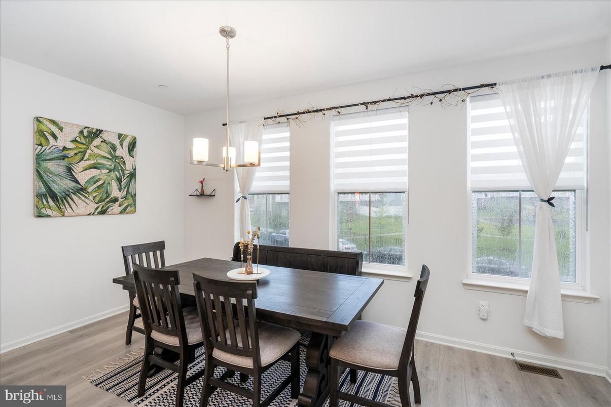 Dining room, Interior, Pendant Lights, Wood Texture Flooring