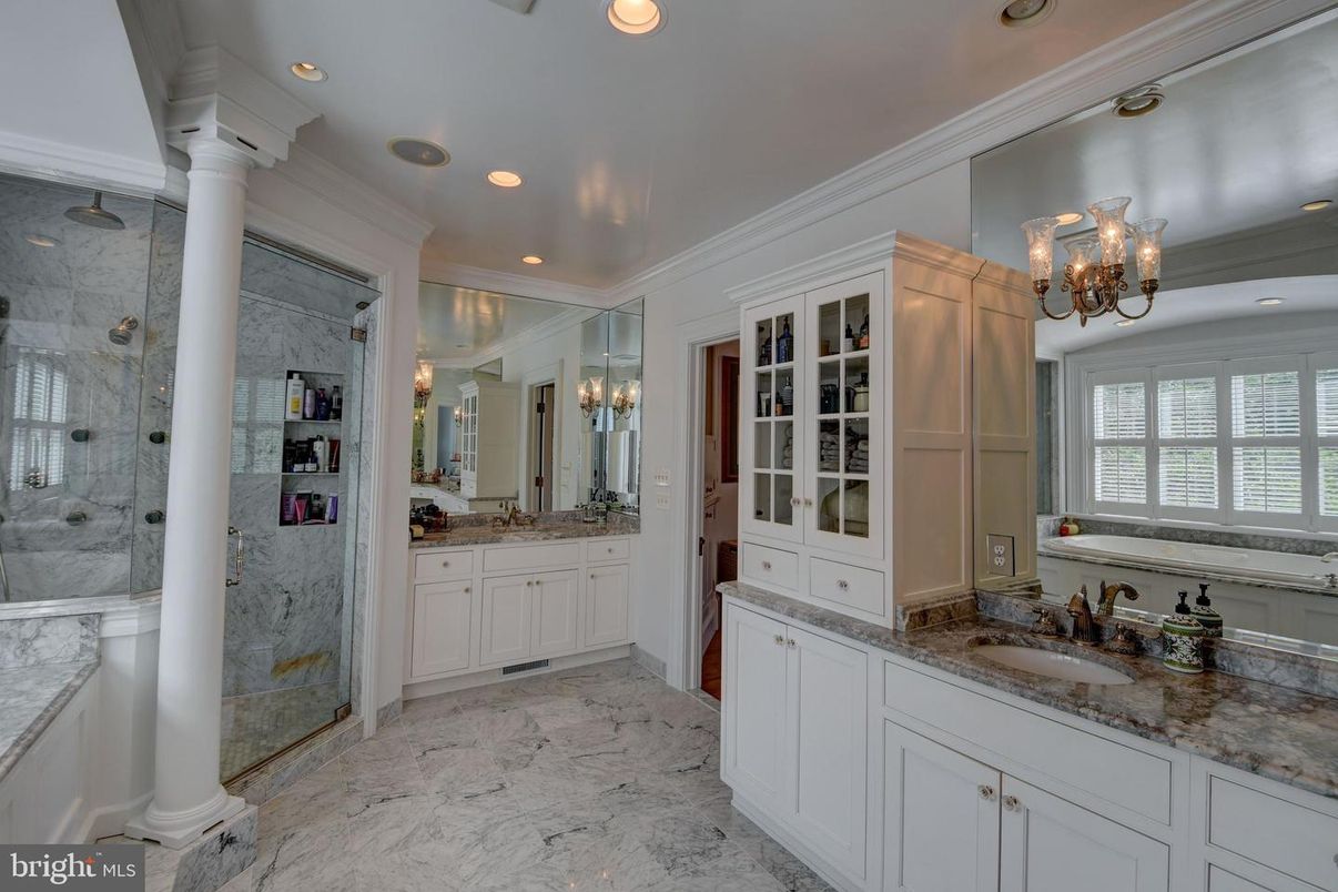 Bathroom, Chandelier, Dual Sink Vanities, Glass Shower, Interior, Marble, Marble Walls, Recessed Lighting