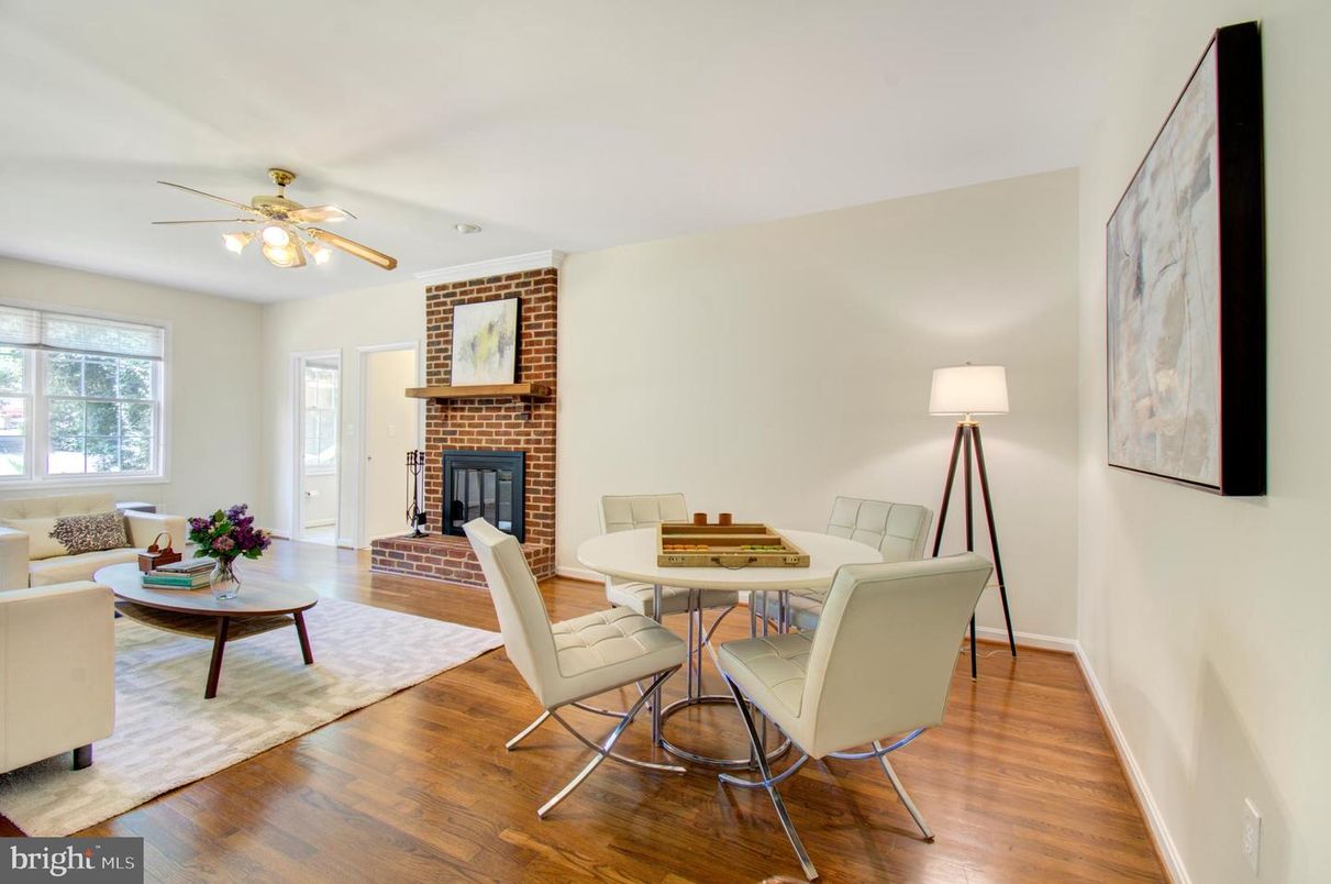 Dining room, Fireplace, Interior, Living room, Stone Walls, Wood Texture Flooring