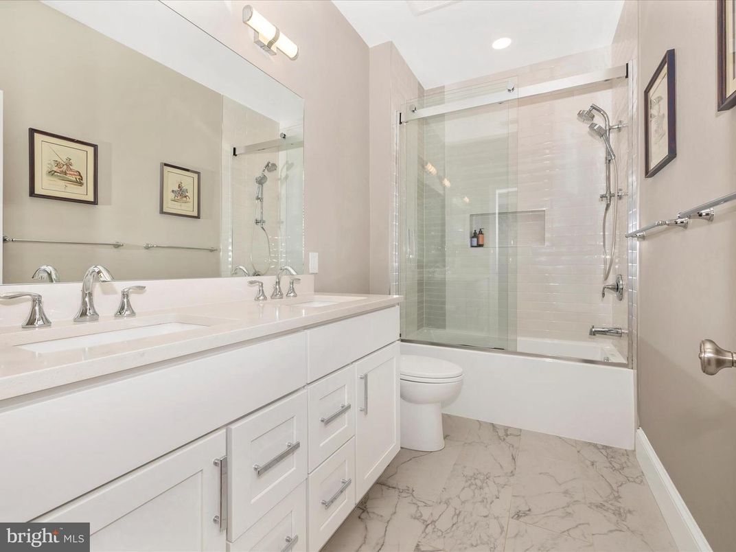 Bathroom, Dual Sink Vanities, Glass Shower, Interior, Marble, Recessed Lighting