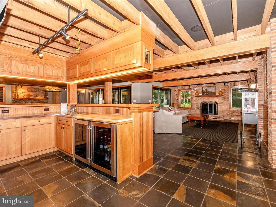 Fireplace, Interior, Kitchen, Pendant Lights, Stone Walls, Wooden Beams, Wooden Ceilings