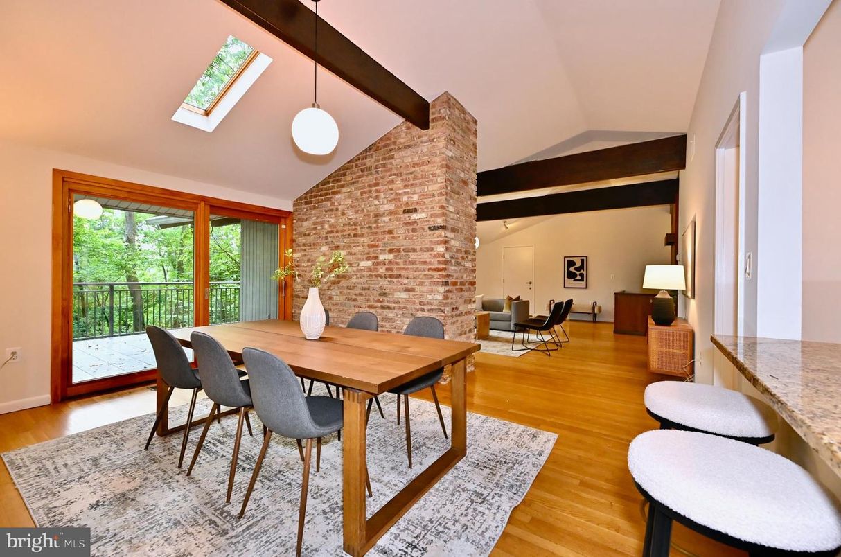 Dining room, Interior, Pendant Lights, Stone Walls, Wood Texture Flooring