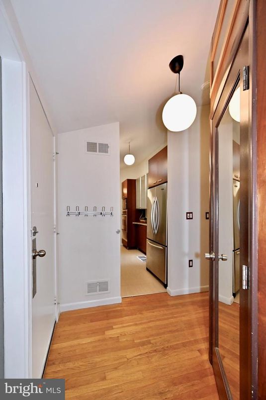 Interior, Kitchen, Pendant Lights, Washer, Wood Texture Flooring