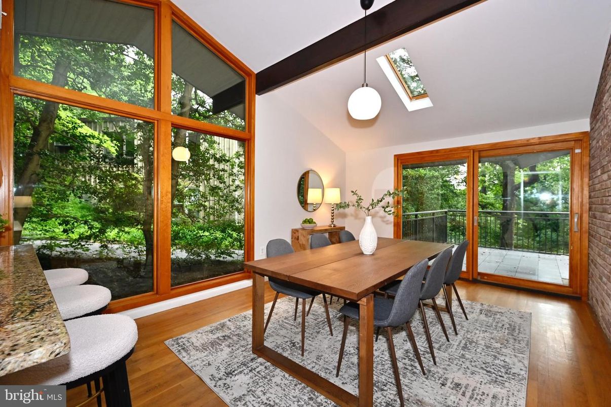 Dining room, Interior, Pendant Lights, Wood Texture Flooring