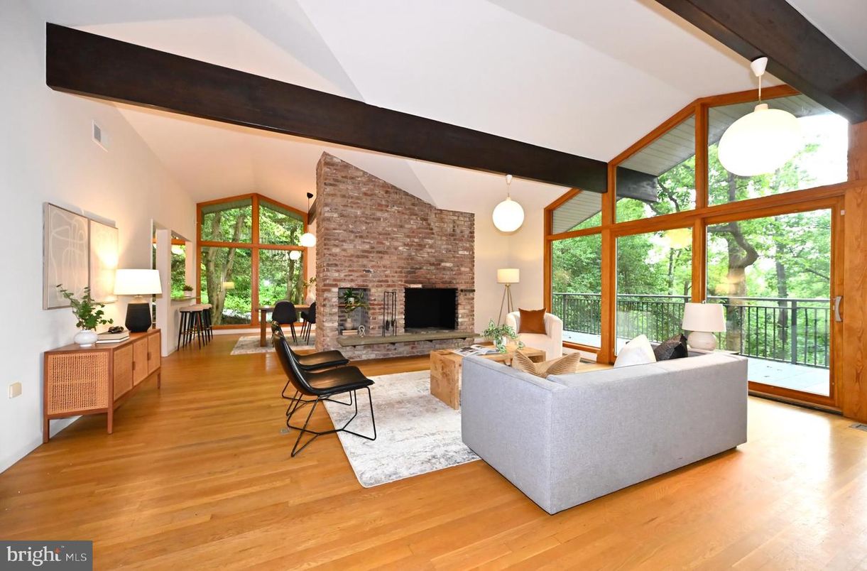 Fireplace, Interior, Living room, Pendant Lights, Stone Walls, Wooden Beams, Wood Texture Flooring
