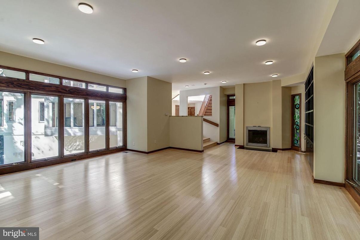 Empty room, Fireplace, Interior, Recessed Lighting, Wood Texture Flooring