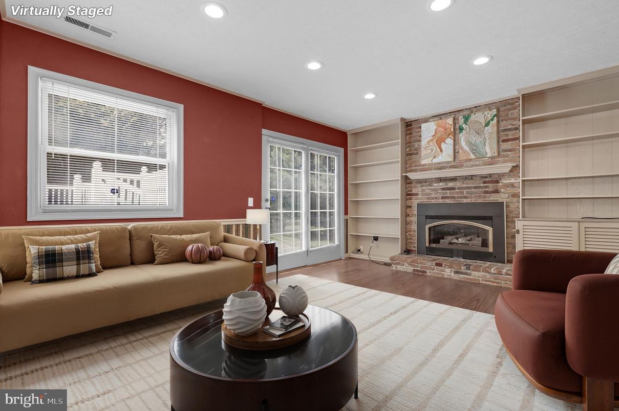 Fireplace, Interior, Living room, Recessed Lighting, Stone Walls, Wood Texture Flooring