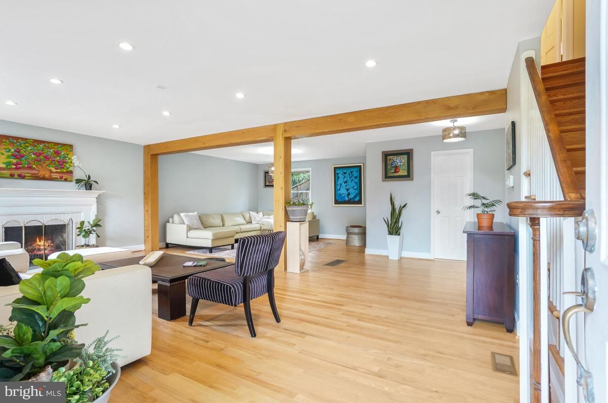 Fireplace, Interior, Living room, Recessed Lighting, Wooden Beams, Wood Texture Flooring