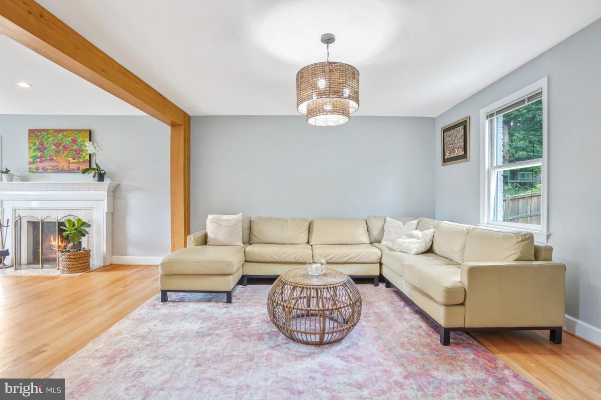Chandelier, Fireplace, Interior, Living room, Recessed Lighting, Wooden Beams, Wood Texture Flooring