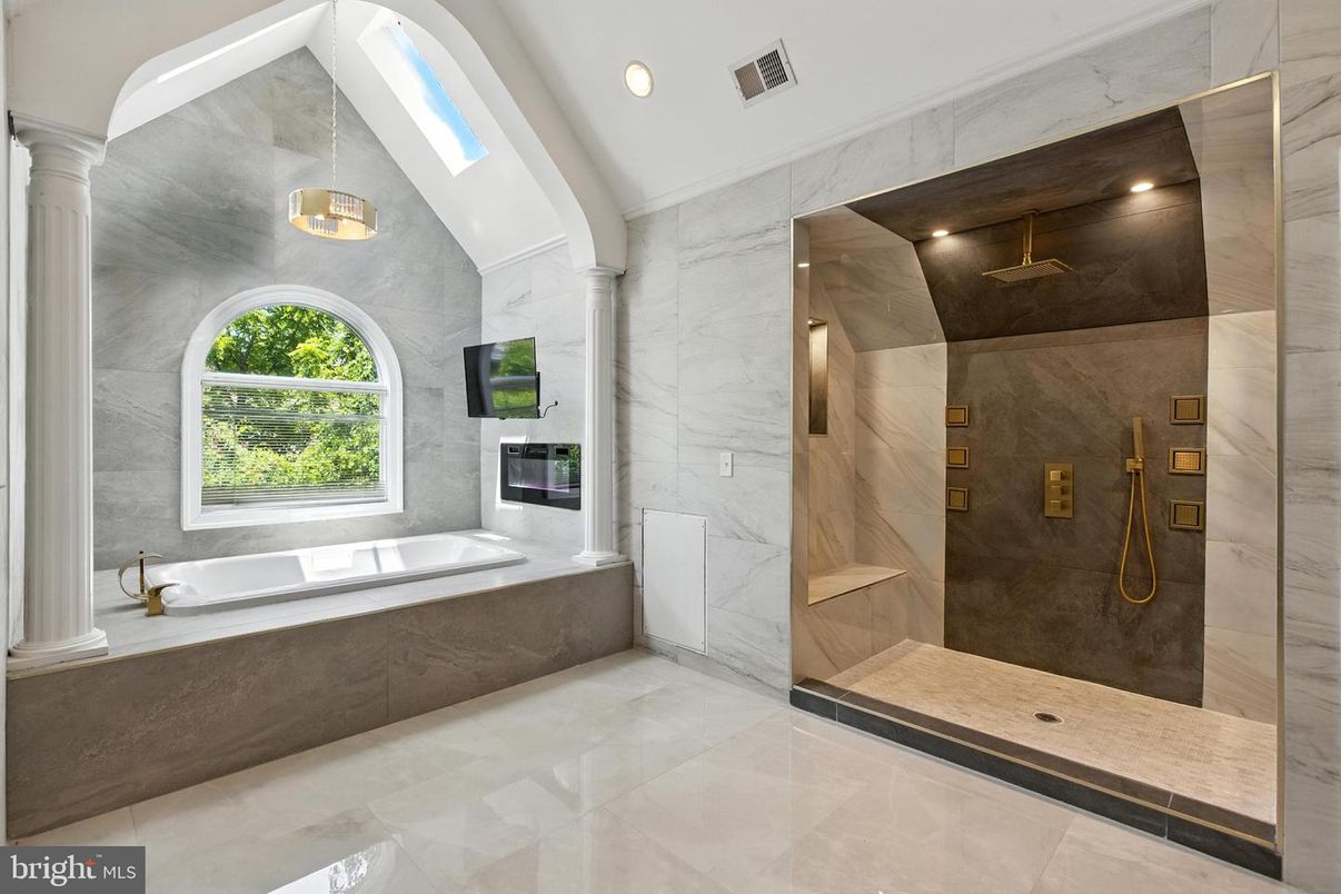 Bathroom, Glass Shower, Interior, Marble Walls, Recessed Lighting