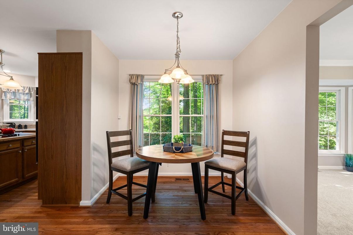 Dining room, Interior, Pendant Lights, Wood Texture Flooring