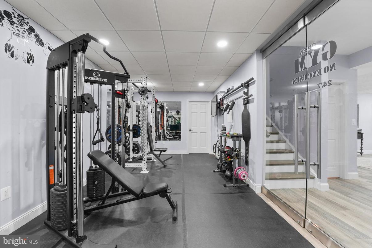 Fitness Equipment, Gym, Interior, Recessed Lighting, Wood Texture Flooring