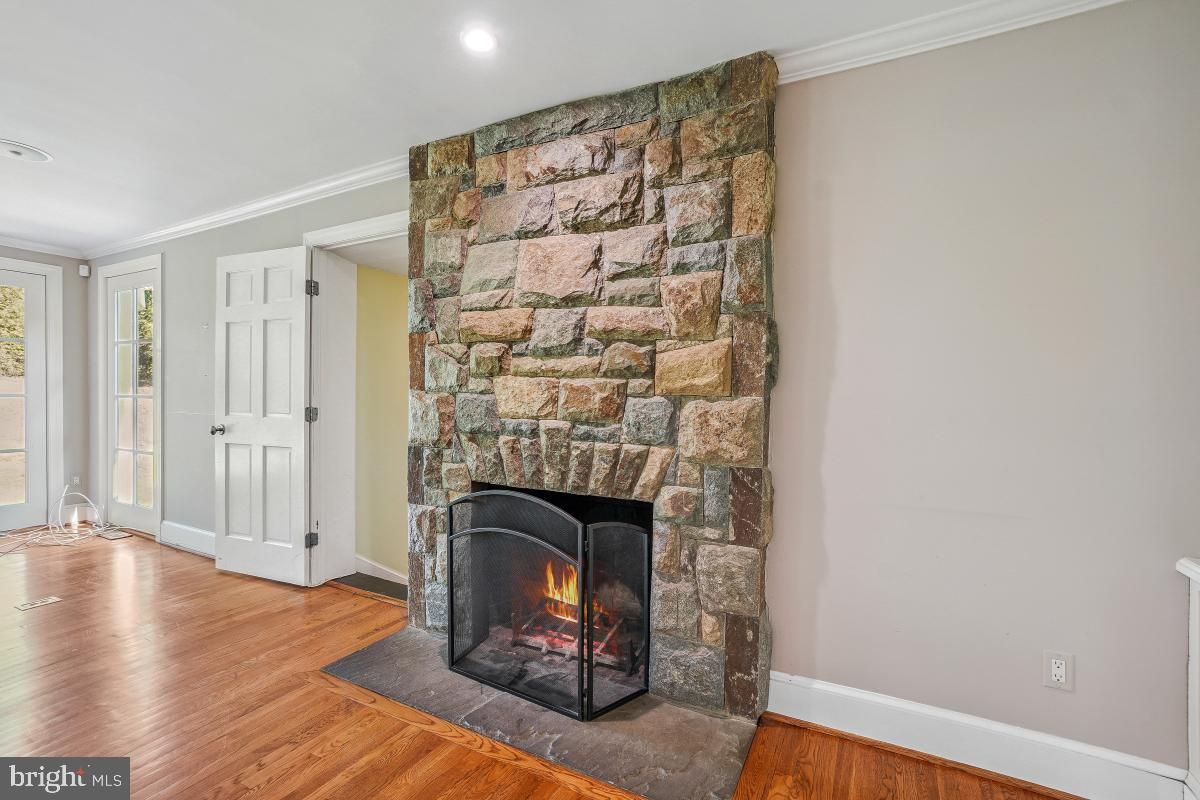 Fireplace, Interior, Recessed Lighting, Stone Walls, Wood Texture Flooring