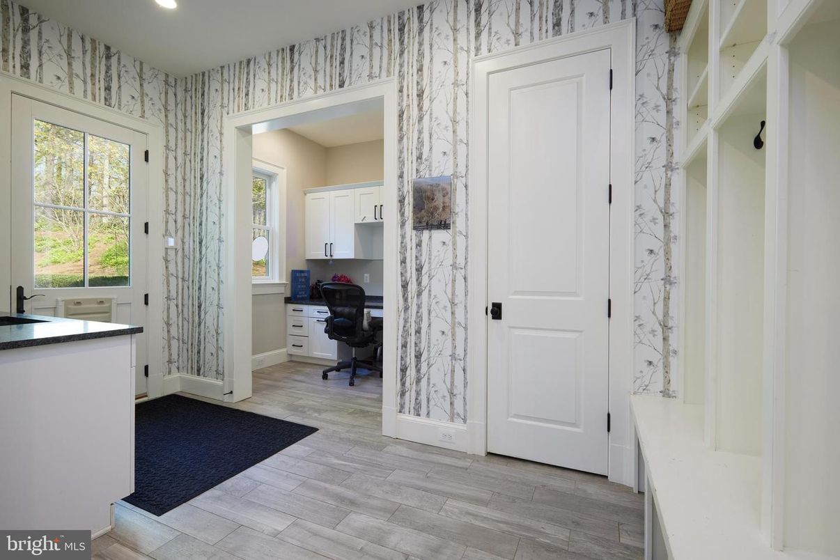 Home Office, Interior, Marble Walls, Recessed Lighting, Wood Texture Flooring