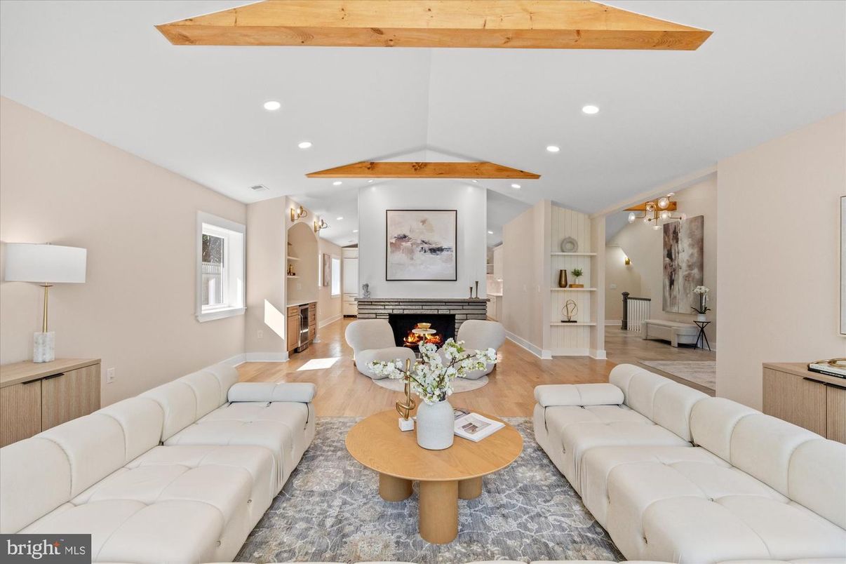Fireplace, Interior, Living room, Recessed Lighting, Wooden Beams, Wood Texture Flooring
