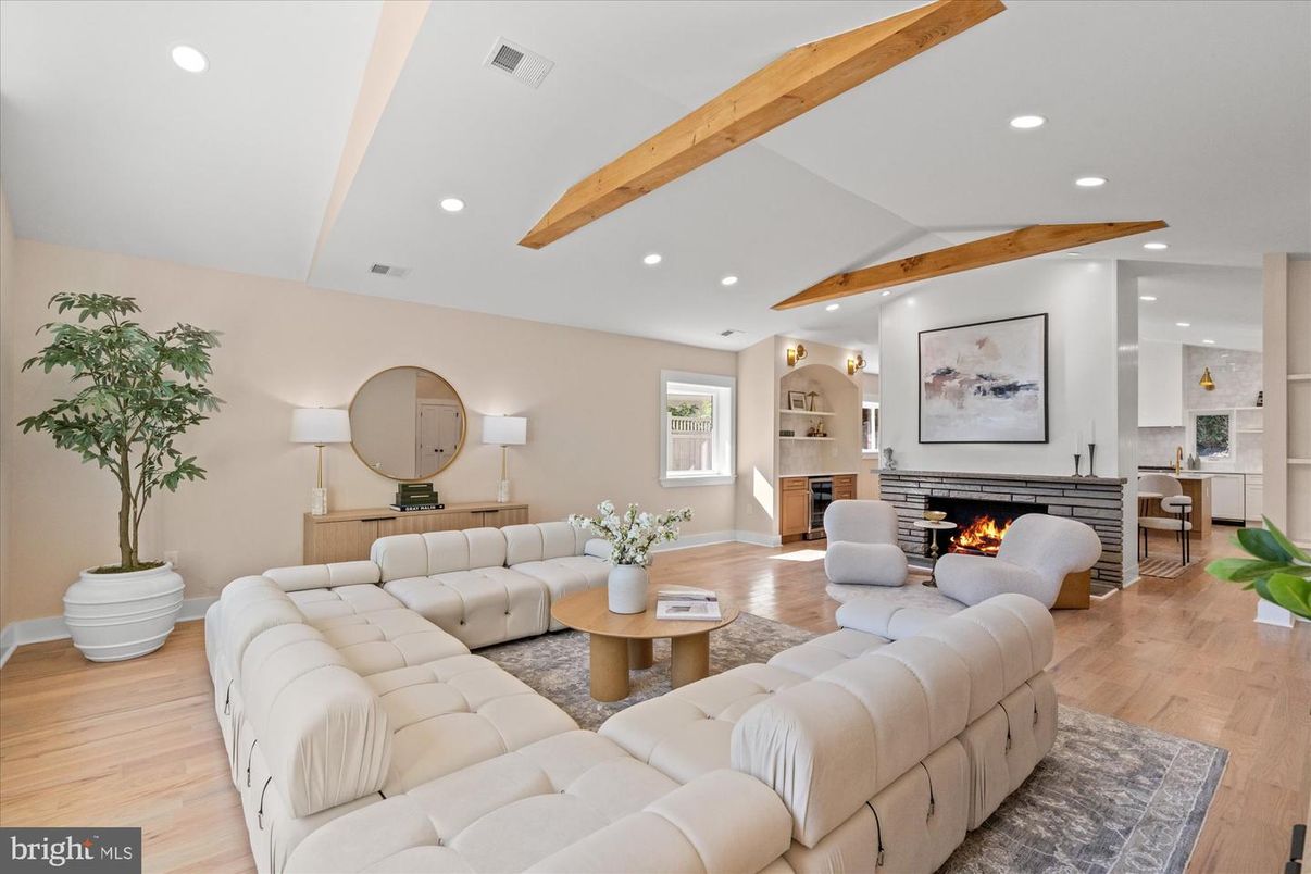 Fireplace, Interior, Living room, Recessed Lighting, Wooden Beams, Wood Texture Flooring