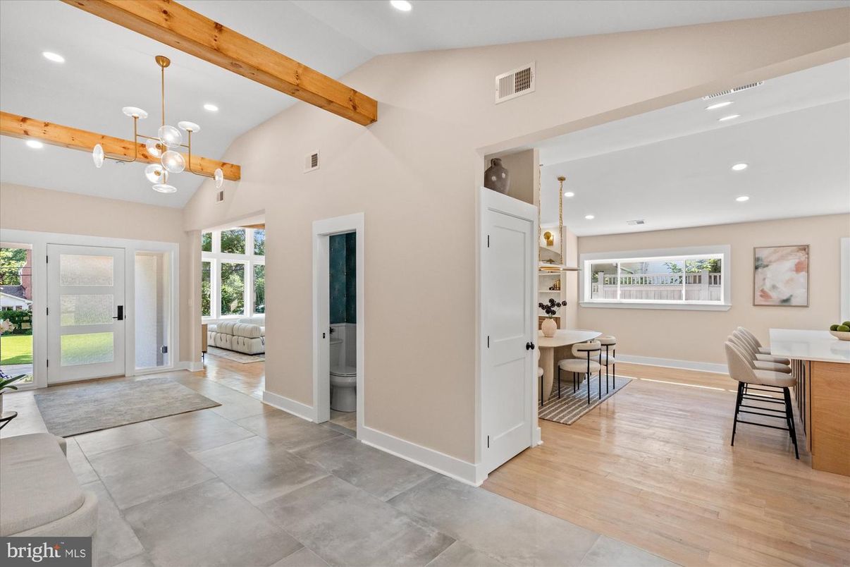 Dining room, Interior, Pendant Lights, Recessed Lighting, Wooden Beams, Wood Texture Flooring