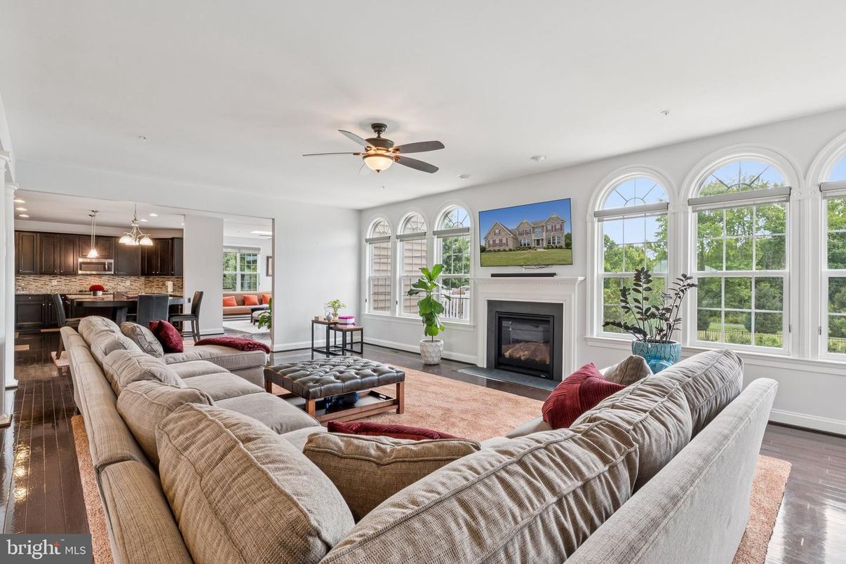 Dining room, Fireplace, Interior, Kitchen, Living room, Pendant Lights, Recessed Lighting, Wood Texture Flooring