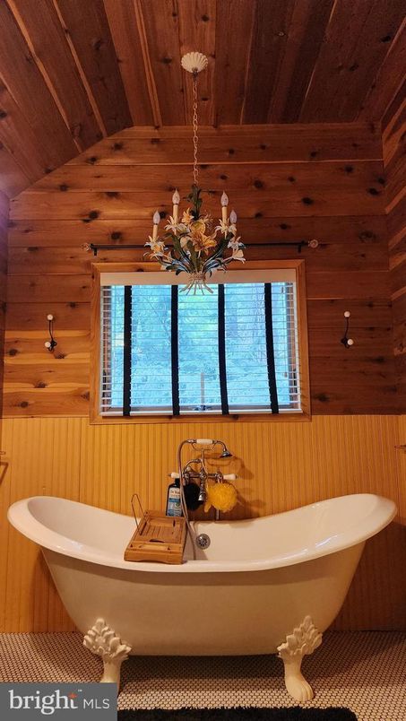 Bathroom, Chandelier, Free Standing Baths, Interior, Wooden Ceilings, Wooden Walls